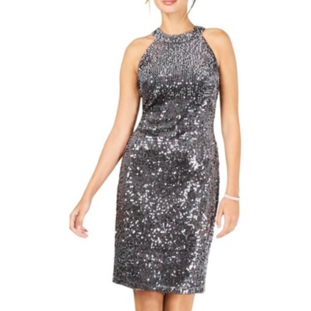 NWT Metallic Sequin Velvet Halter Cocktail Midi Dress Size 4